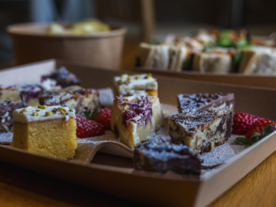Image of gourmet sandwiches, canapes and cakes