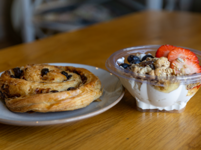 Image of a danish pastry and granola fruit pot